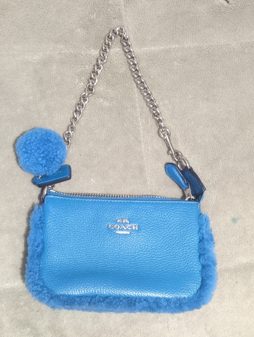Coach Bright Blue Shearling-Trim Mini Wristlet with Chain